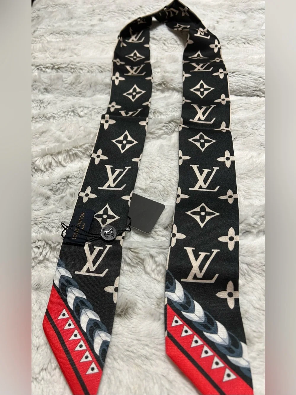 Black, Cream & Red Monogram Silk Twilly